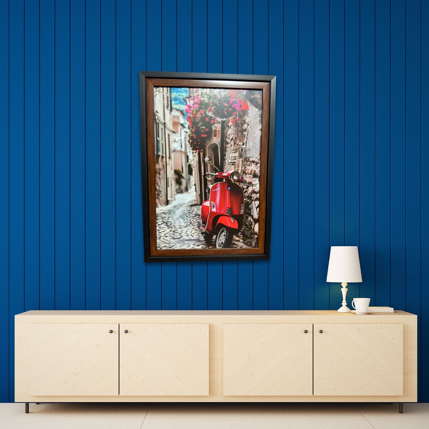 Red Vespa On Cobblestone Street - Framed Urban Vintage Travel Wall Art