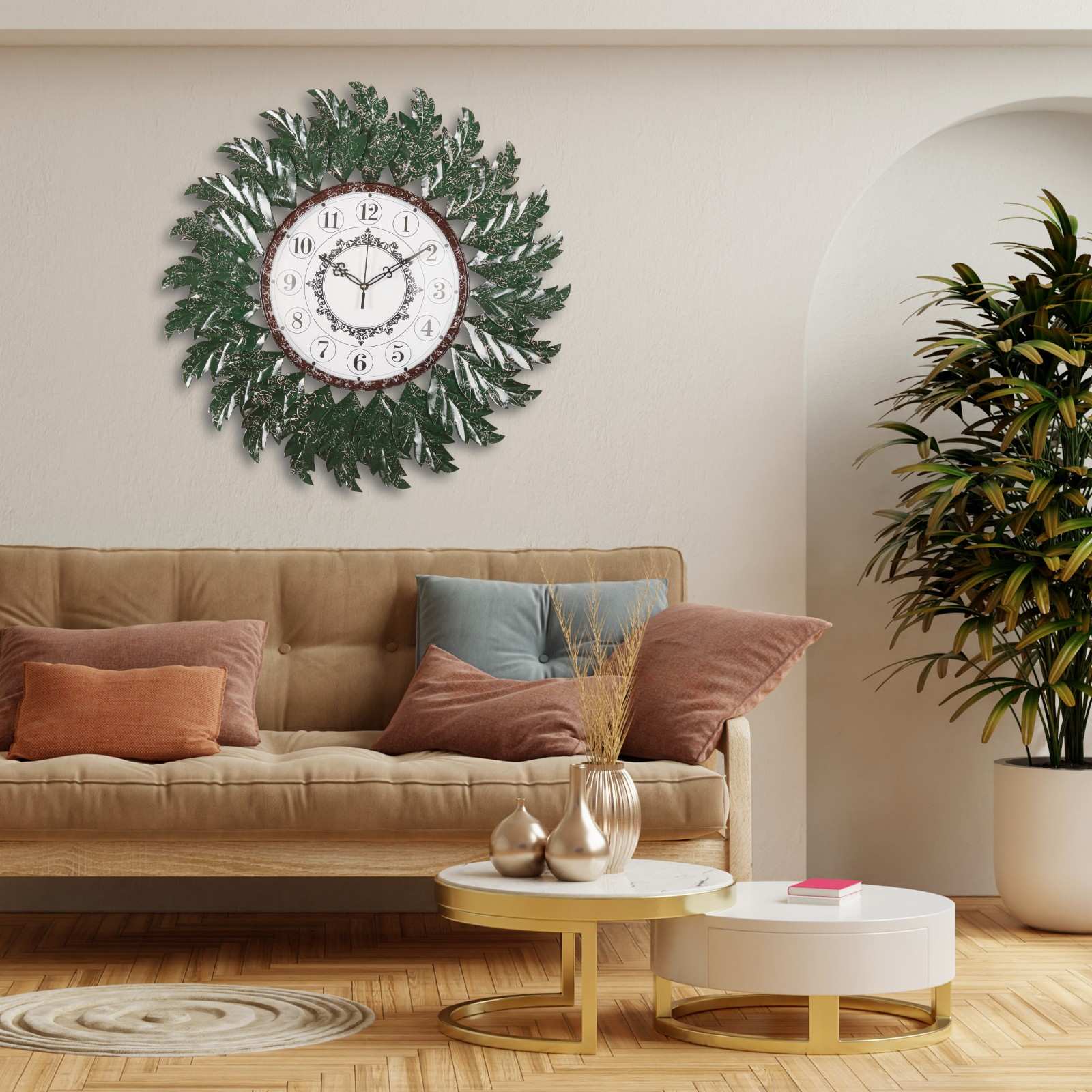 Elegant Green Leaf Wall Clock – Nature-Inspired Home Décor