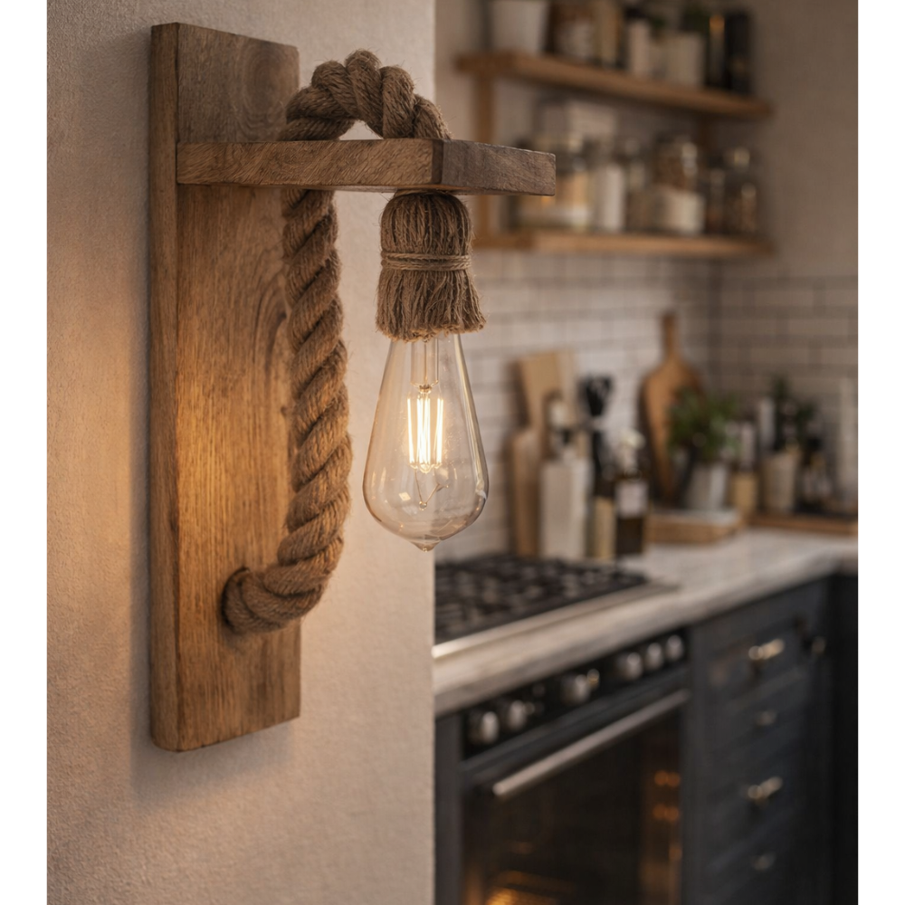 Rustic Wooden Rope Wall Light with Vintage Edison Bulb – Warm Ambient Wall Lamp for Home Decor