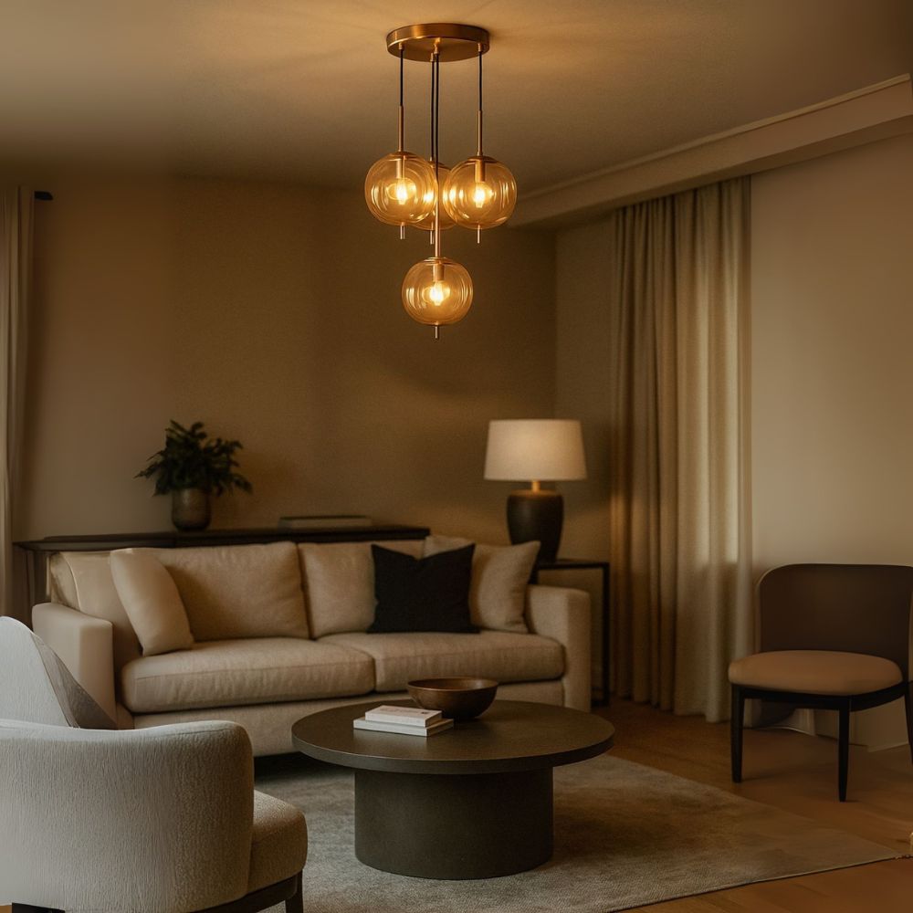 Designer 4-Light Amber/Smoke Grey Glass Pendant - Antique Gold Modern Ceiling Chandelier