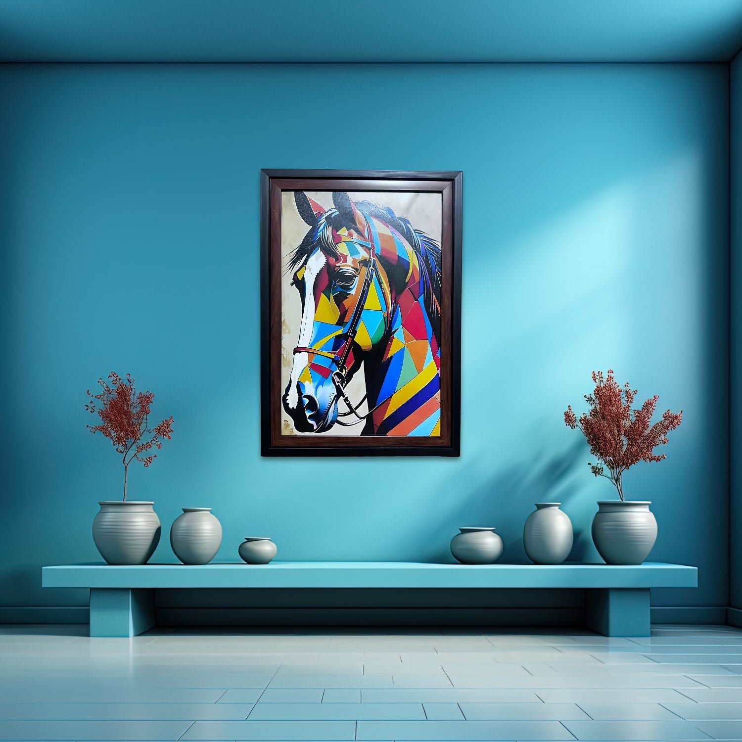 Vibrant Geometric Horse Painting With Frame - Colorful Modern Wall Art