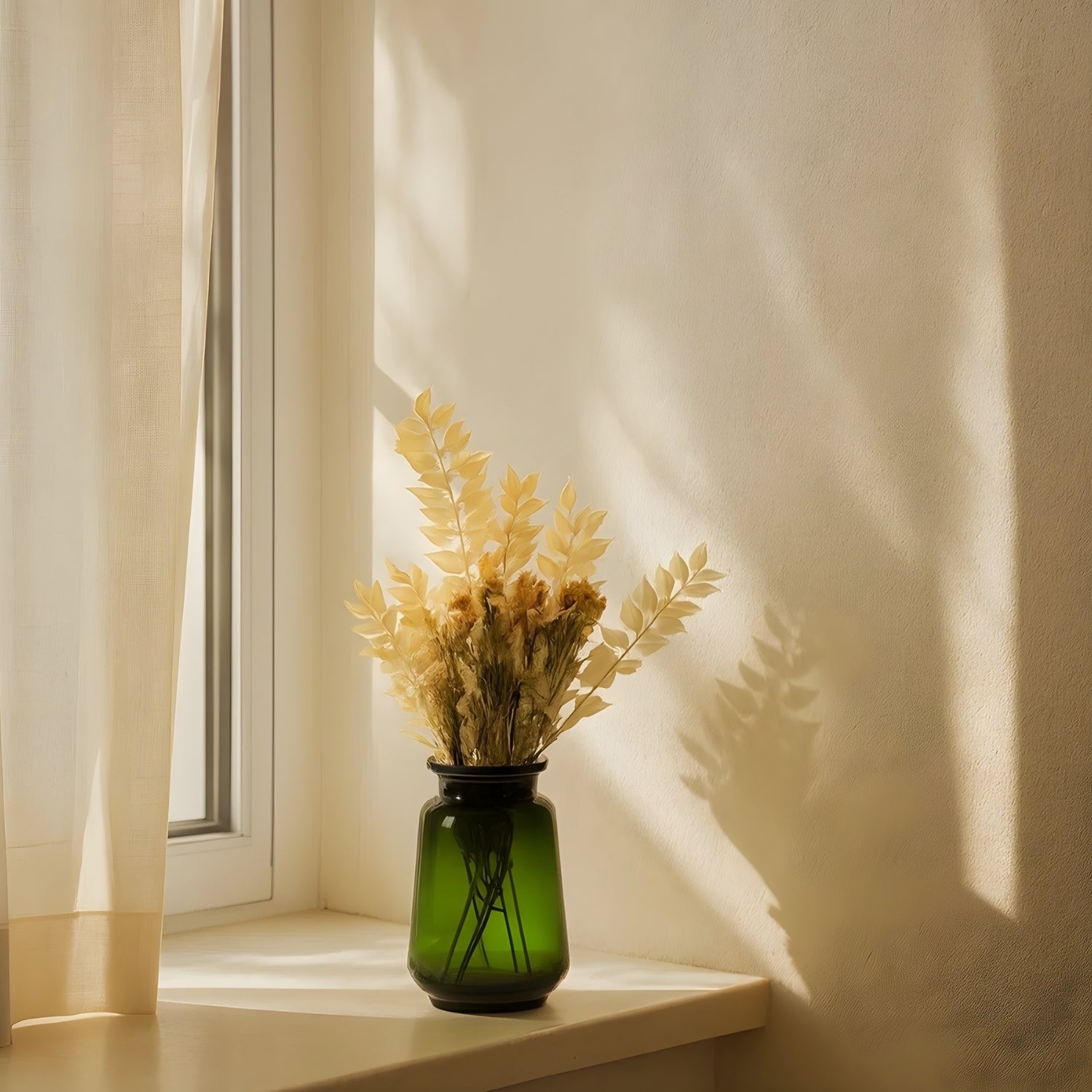 Elegant Emerald Glass Vase With Premium Decorative Dried Floral Bunch