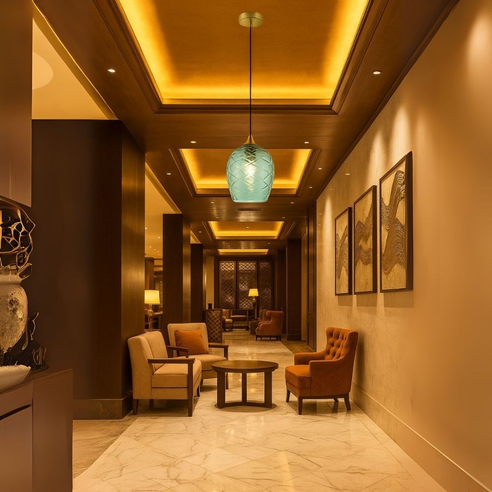 Elegant Amber, Green & Coffee Glass Pendant Light With Textured Metal Fixture