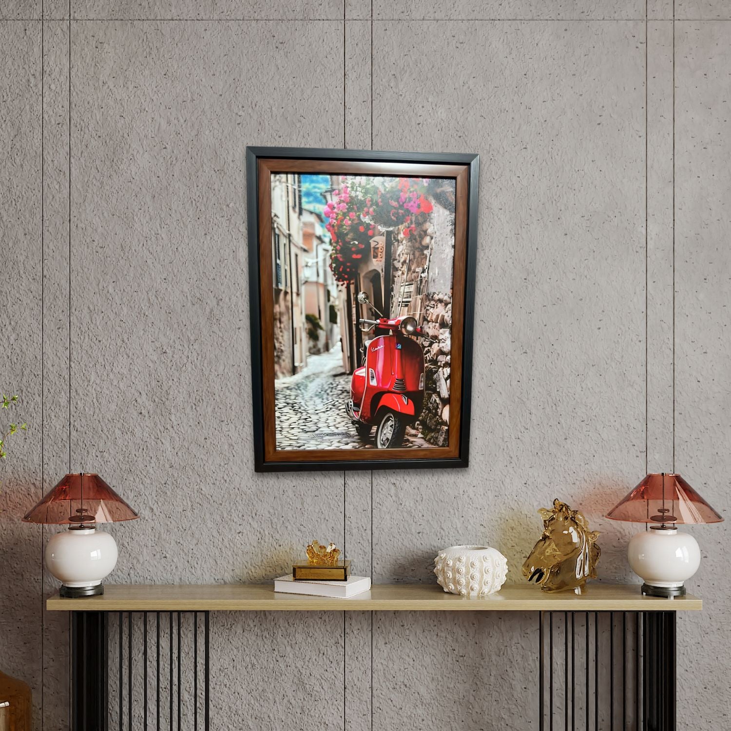 Red Vespa On Cobblestone Street - Framed Urban Vintage Travel Wall Art