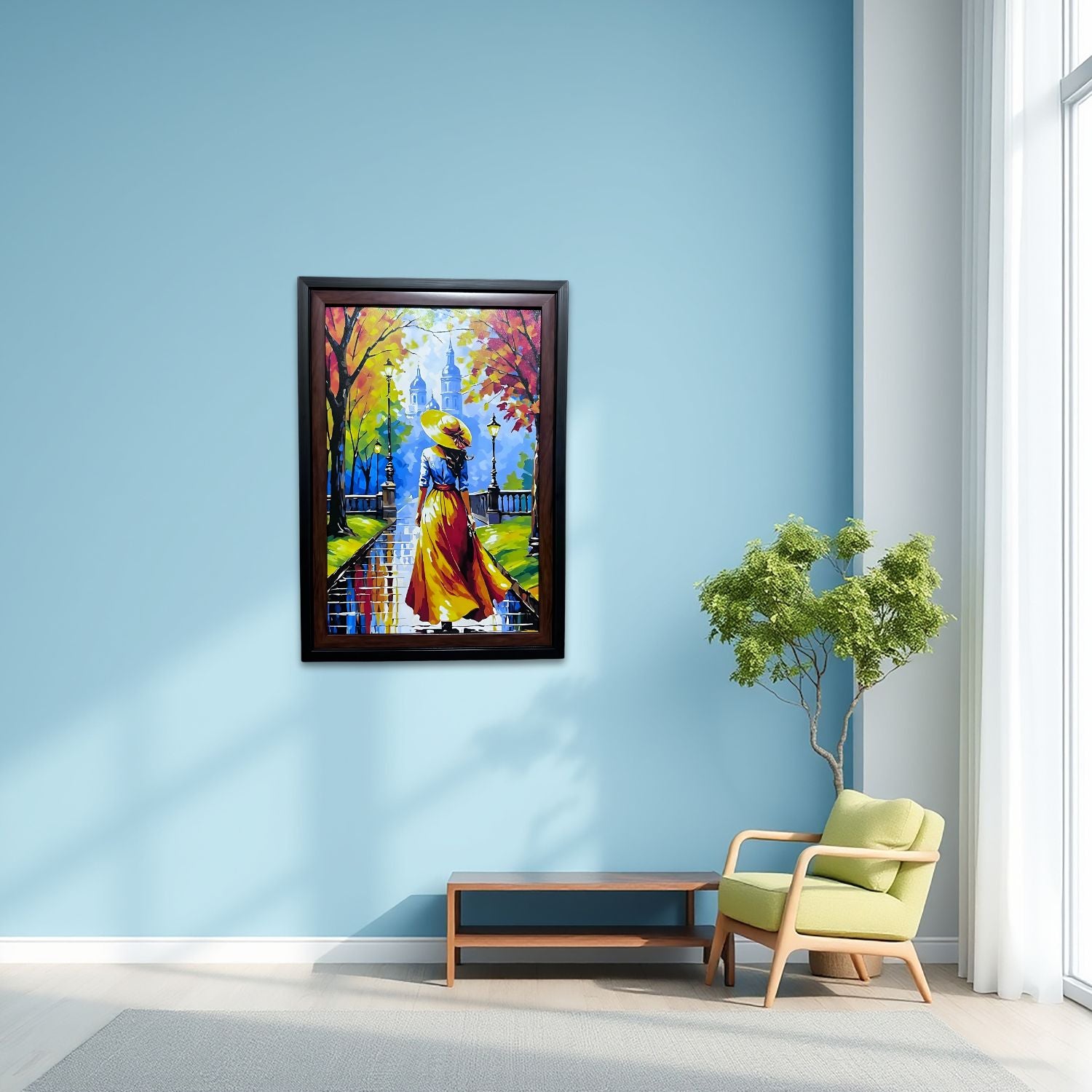 Elegant Lady Walking in Autumn Park - Framed Colorful Canvas Wall Art