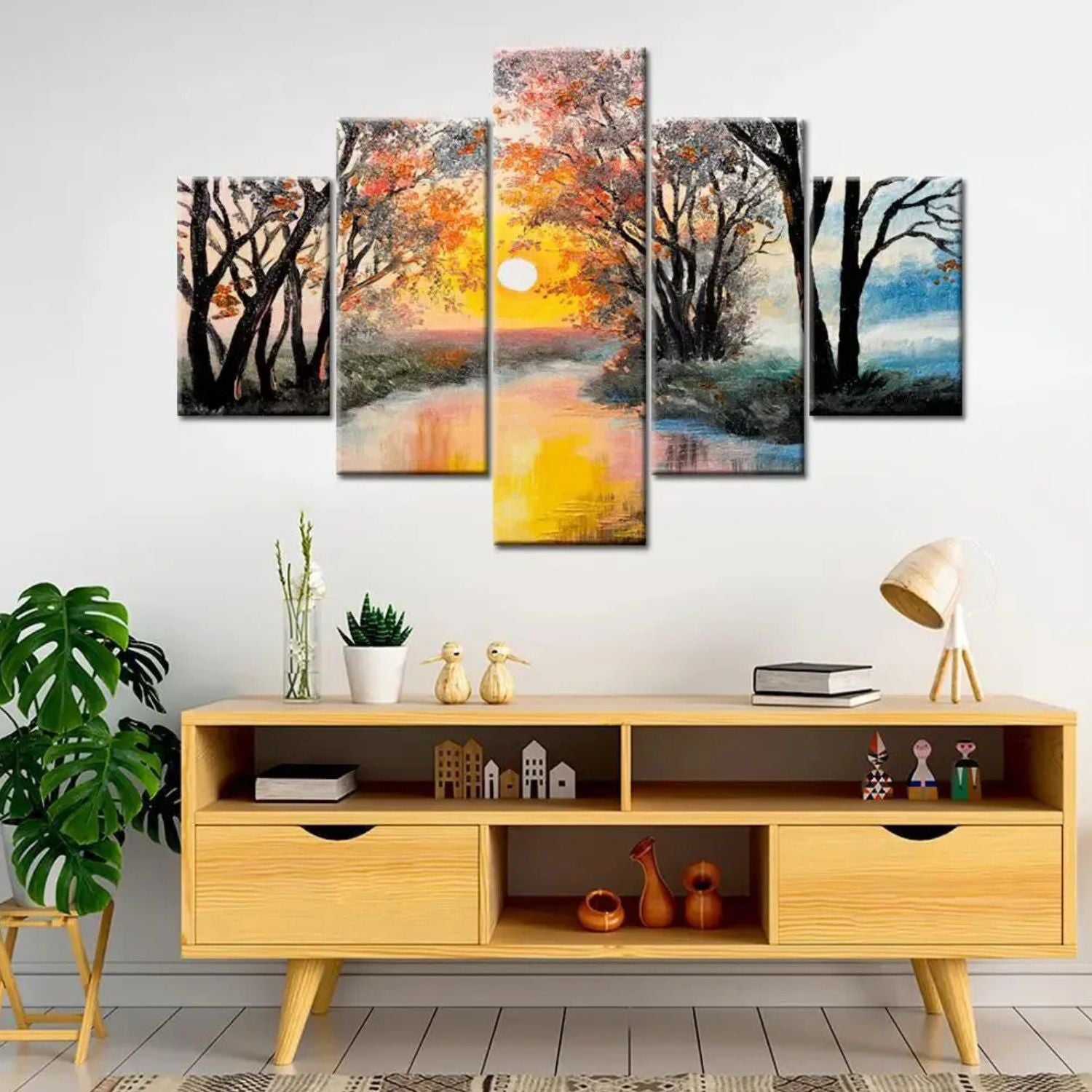Colorful Autumn Forest River Landscape Canvas Wall Art Set