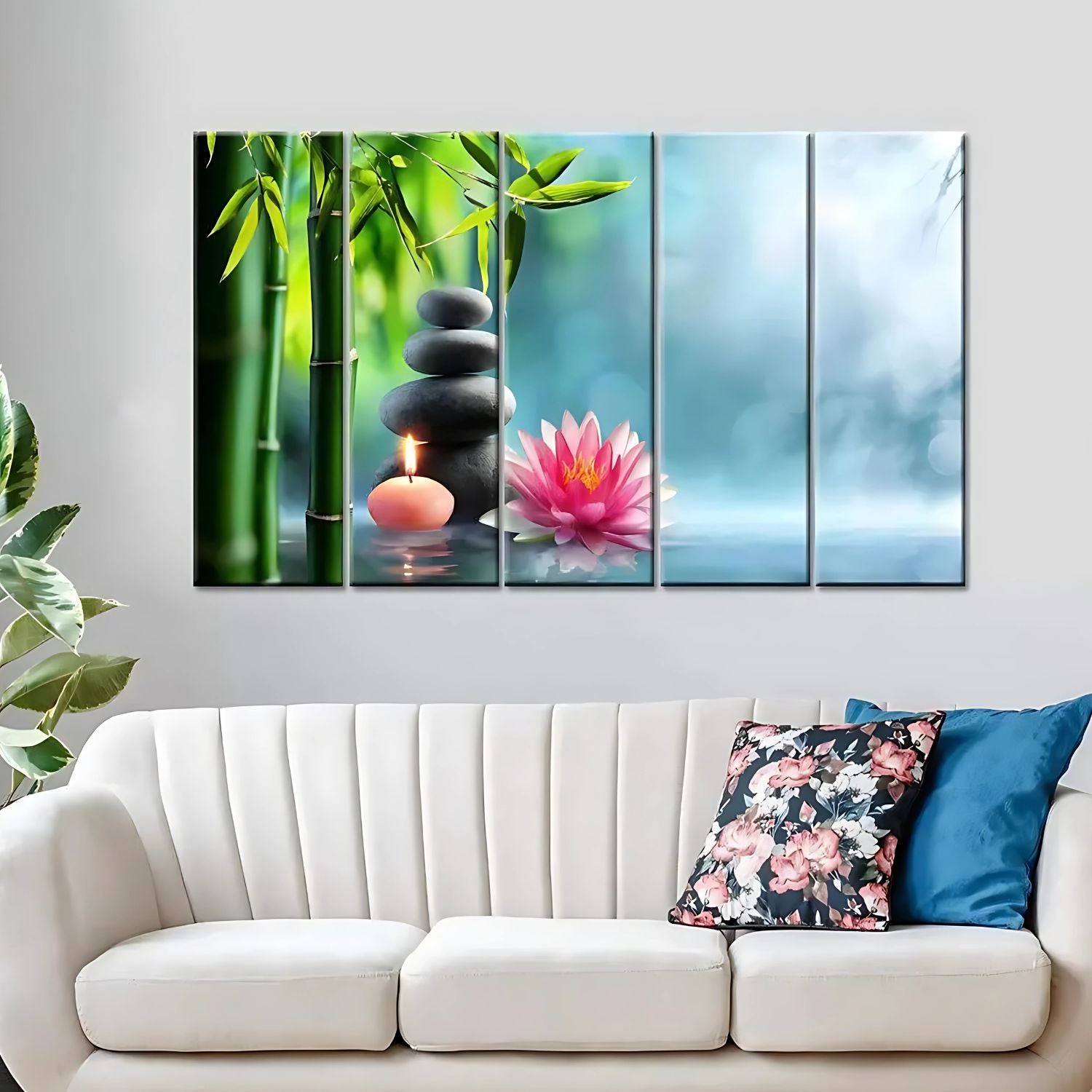 Beautiful Zen Bamboo Lotus Candle 5-Panel Canvas Wall Art Decor