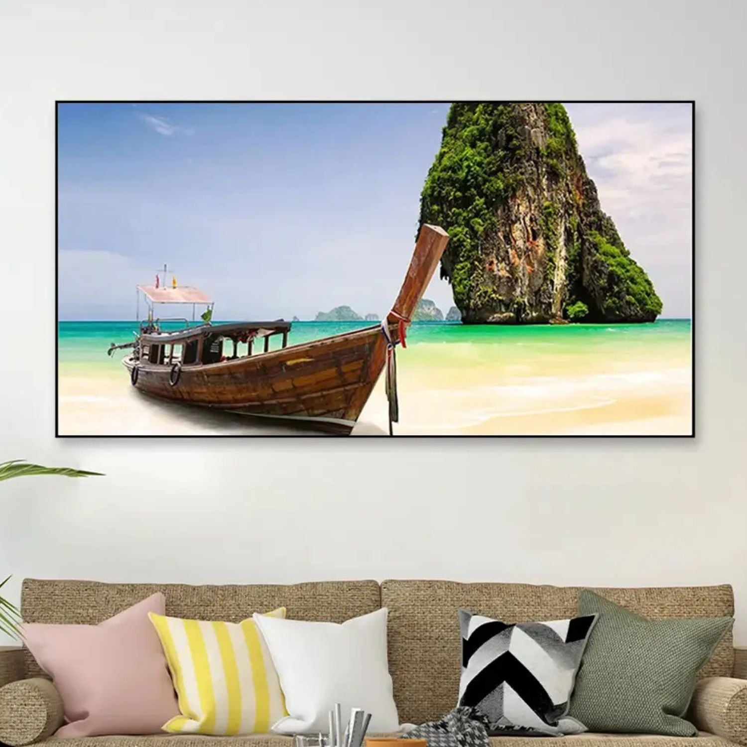 Tropical Beach Canvas Art With Wooden Boat and Island View