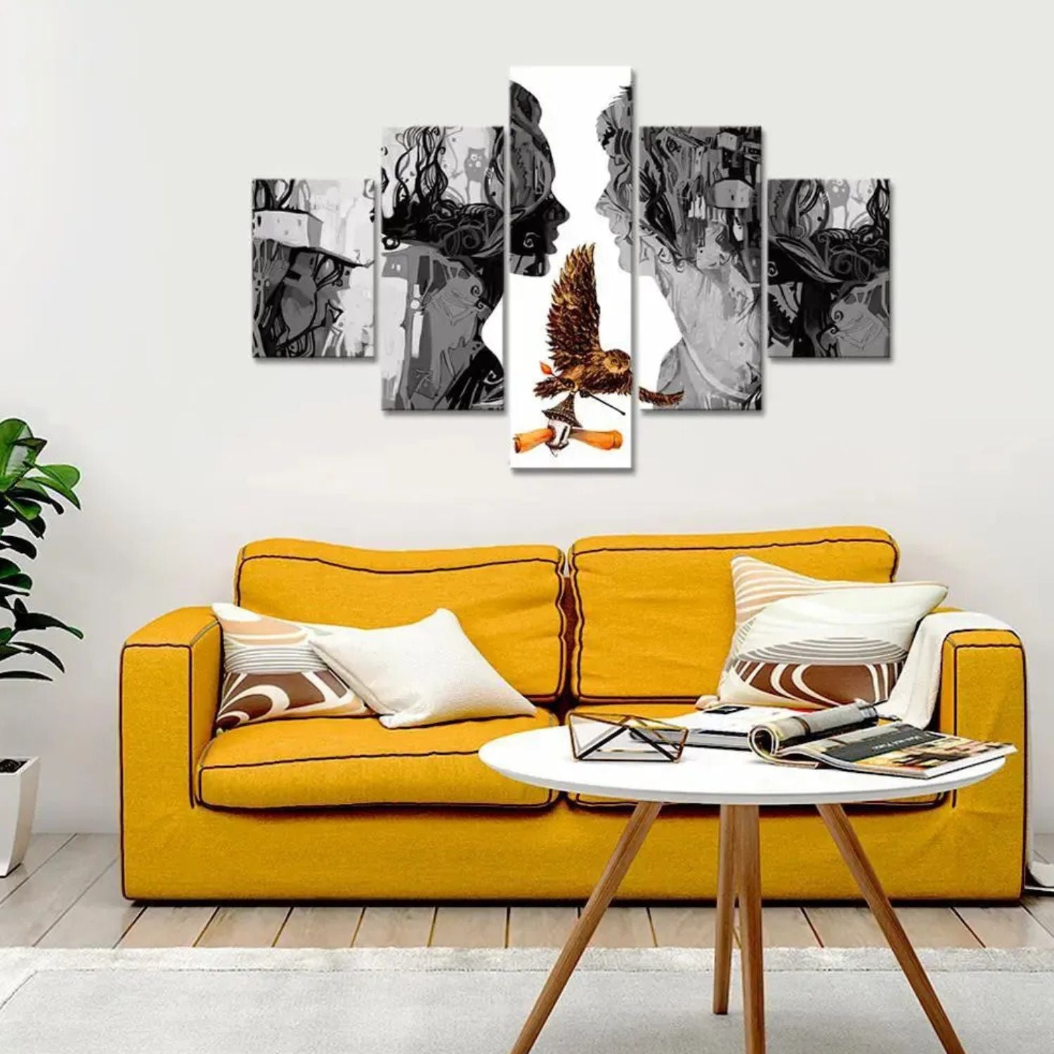 Romantic Abstract Couple 5-Panels Wall Art With Flying Owl