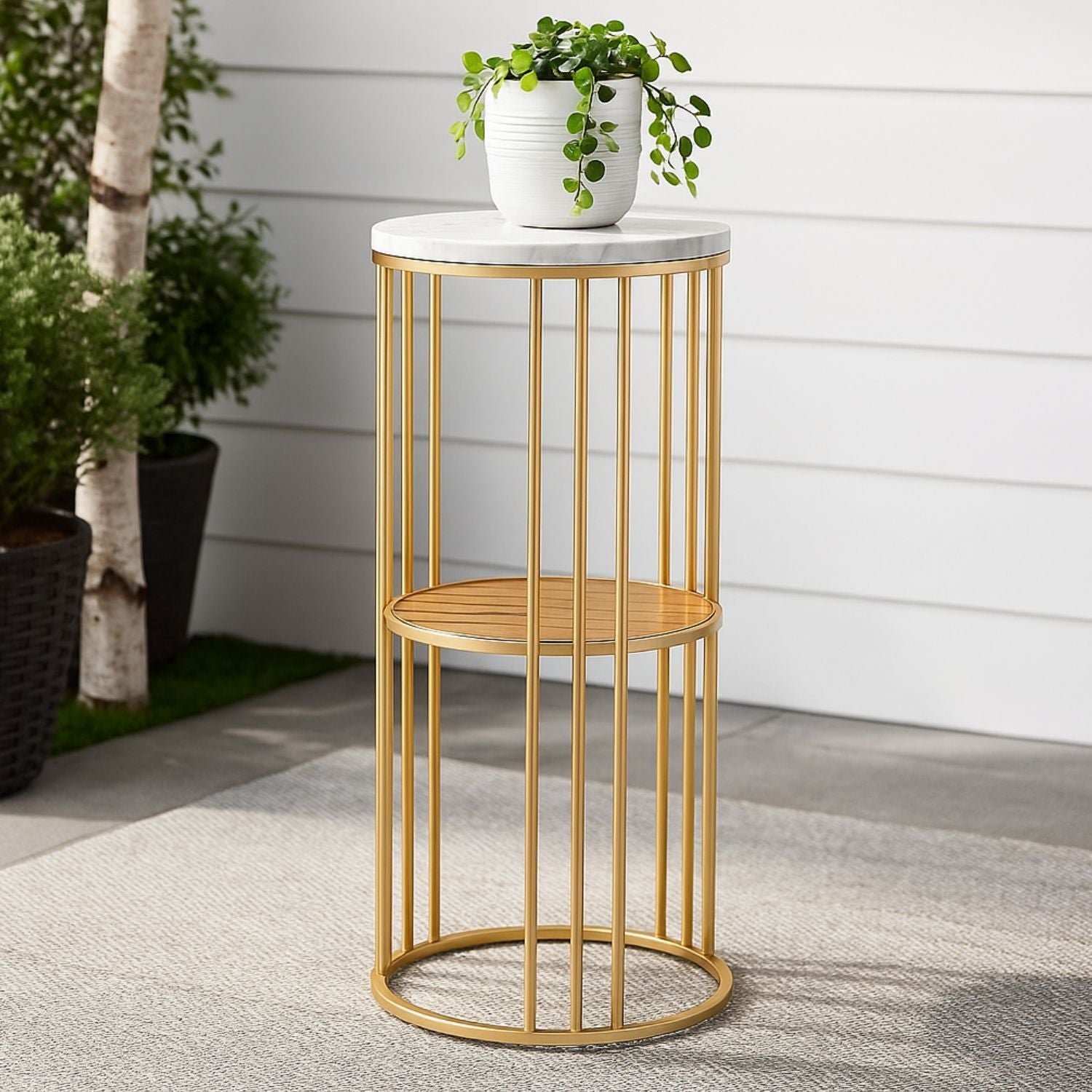 Elegant Two-Tier Gold Metal Plant Stand With Marble Top For Home Decor