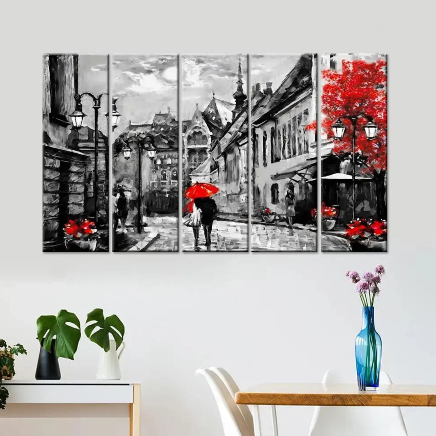 Romantic Couple Red Umbrella Cityscape Canvas Wall Art