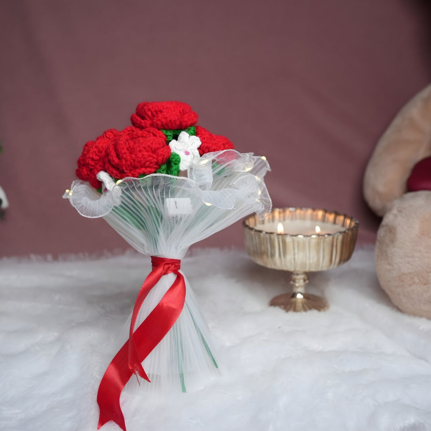 Radiant Red Crochet Rose Bouquet With Soft LED Glow
