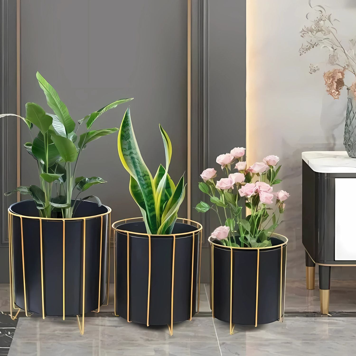 Modern Round Metal Plant Stand Set With Gold Frame - 3 Sizes