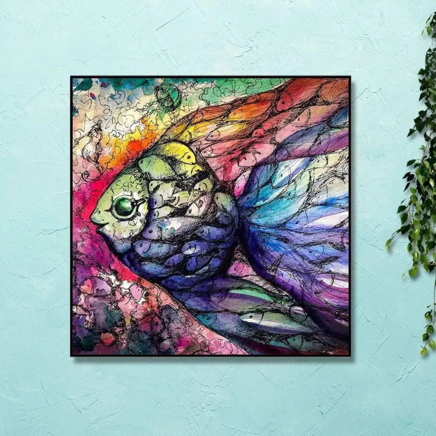Vivid Aquatic Dreams - Abstract Colorful Fish Canvas Wall Art With Frame