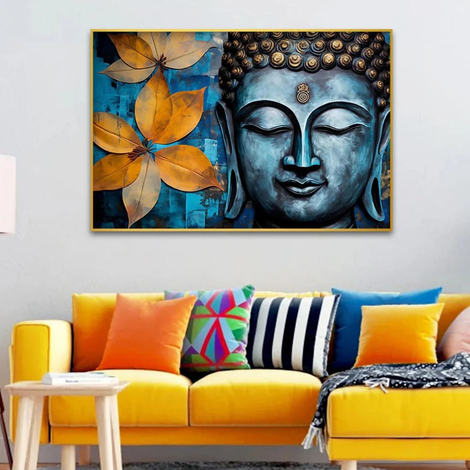 Abstract Blue Buddha Floral Canvas Wall Art for Peaceful Decor