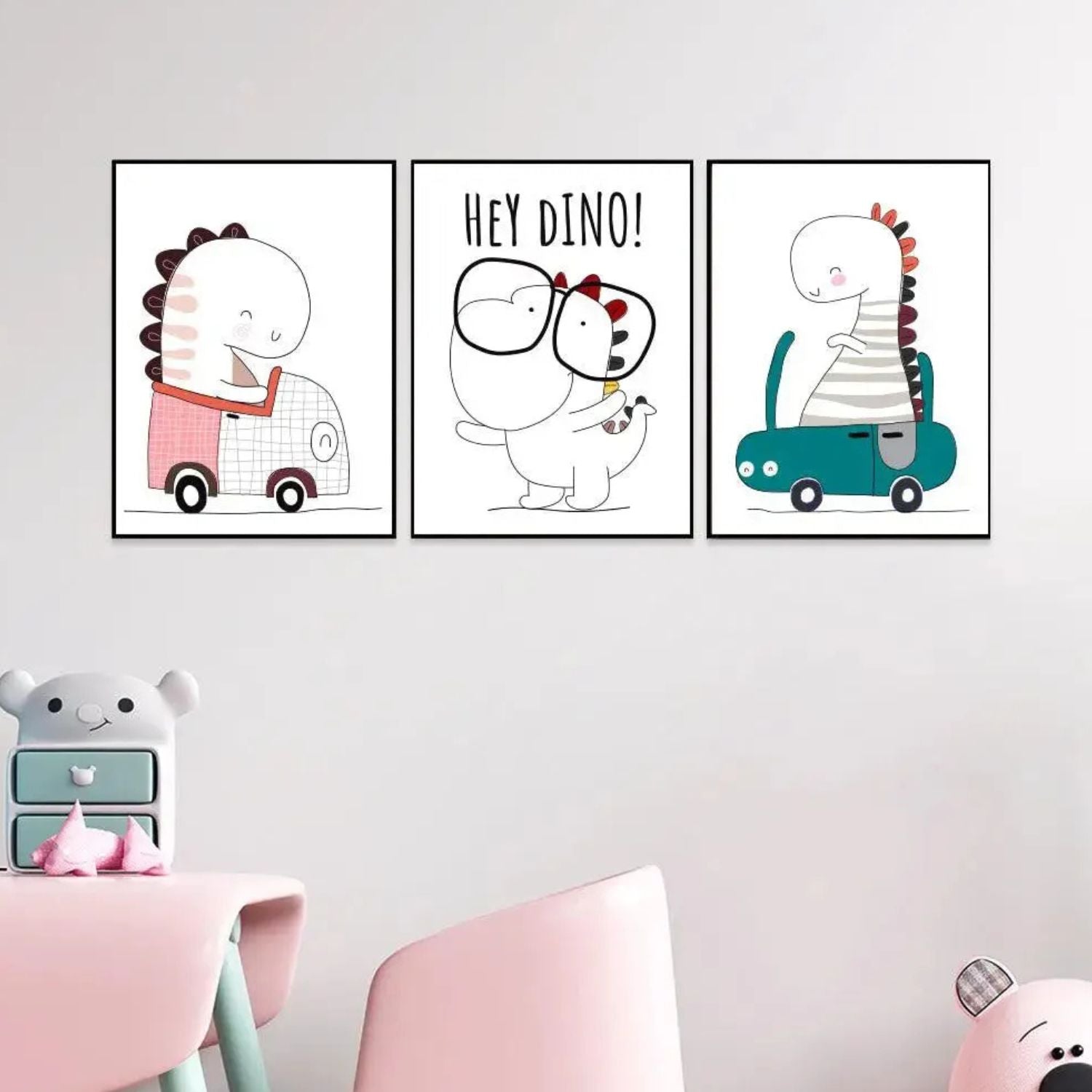 Cute Baby Dinosaur Nursery Wall Art - Set of 3 Framed Prints For Kids Room