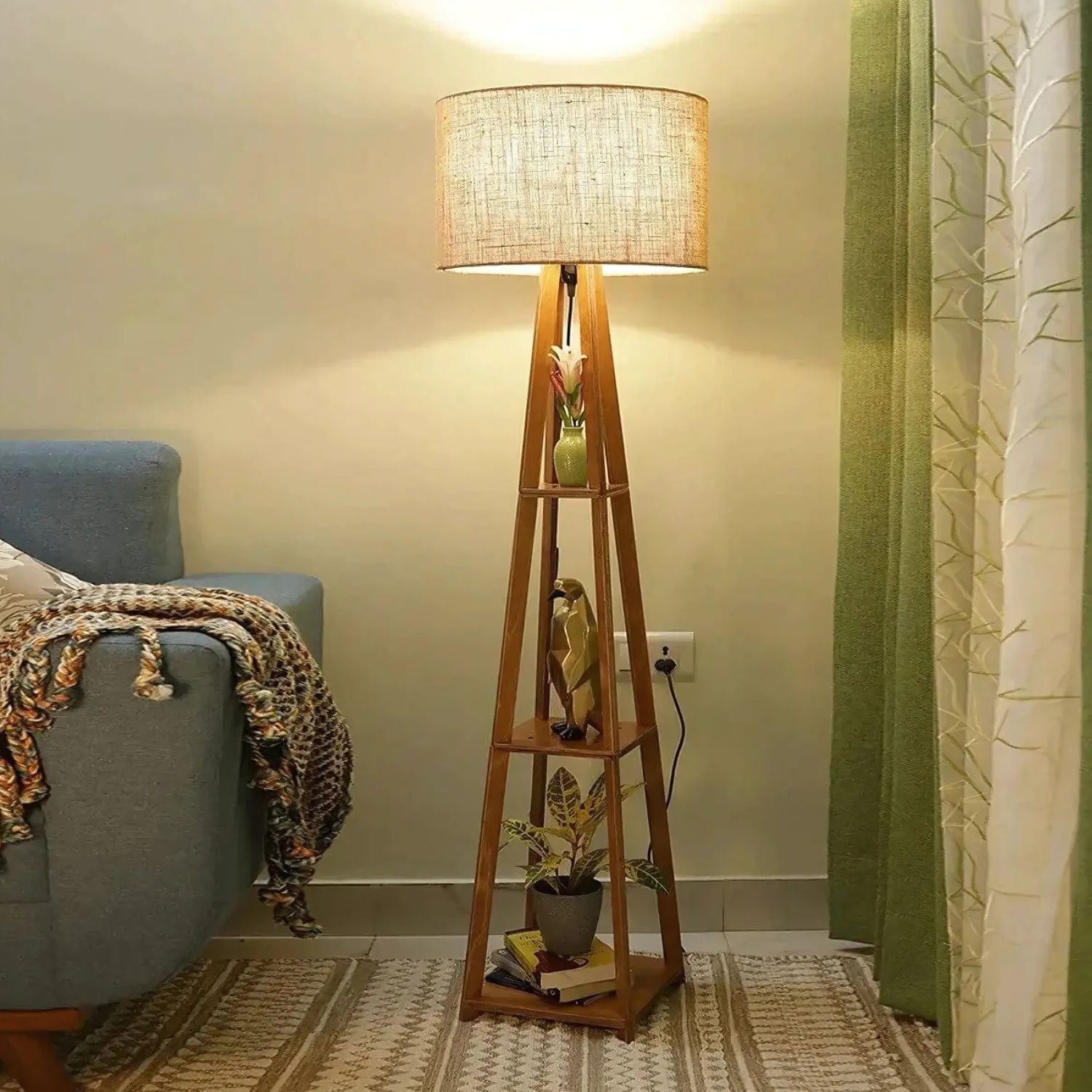 Wooden Floor Lamp With Shelves - Elegant Lighting For Living Room & Bedroom