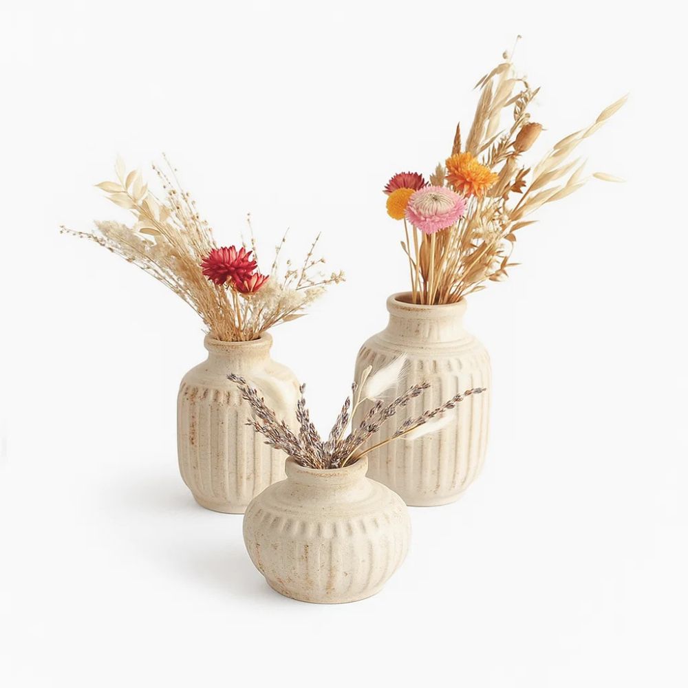 Rustic Handmade Ceramic Pottery Vase Set of 3 With Dried Bunch