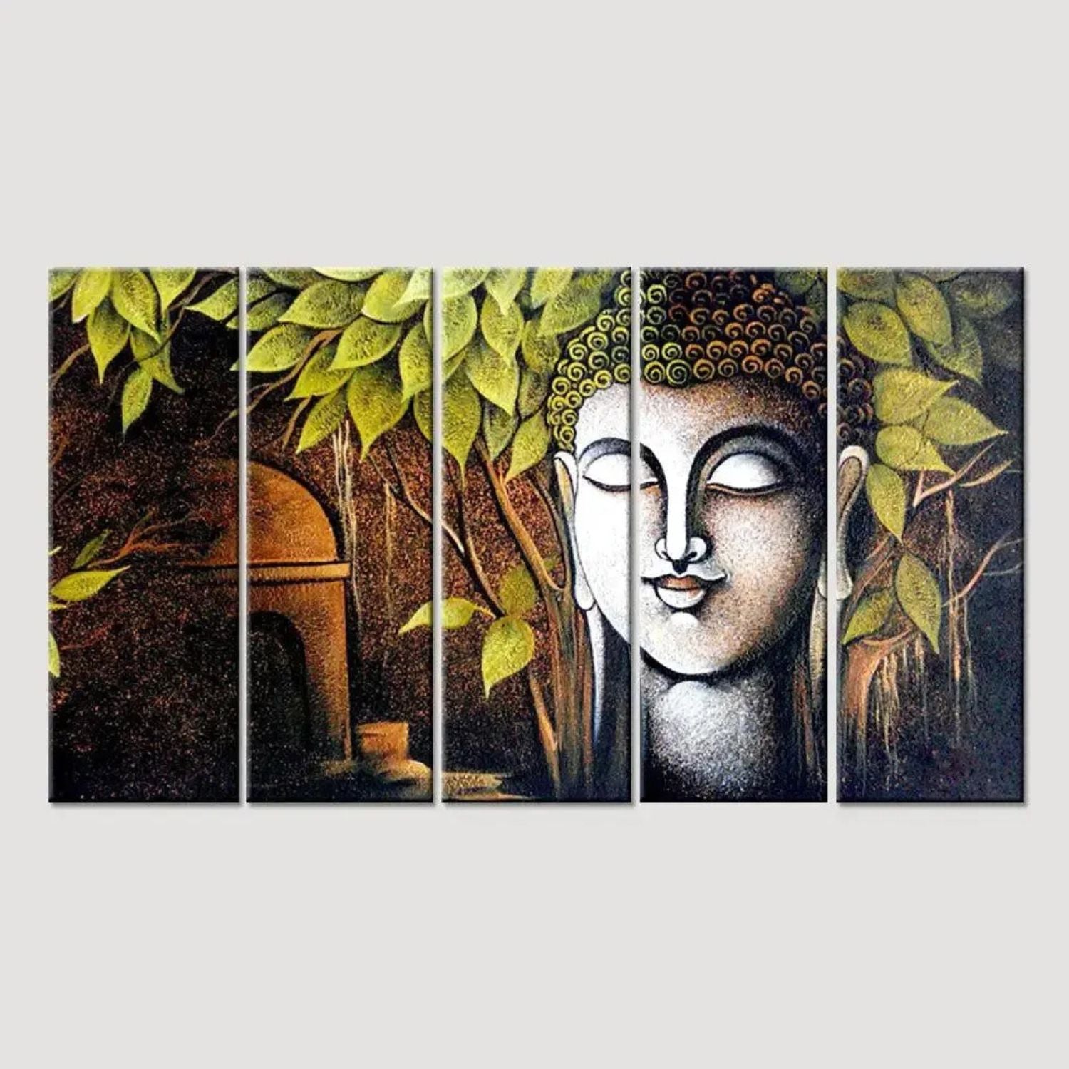Gautam Buddha Serenity Under Tree 5-Panel Canvas Wall Art