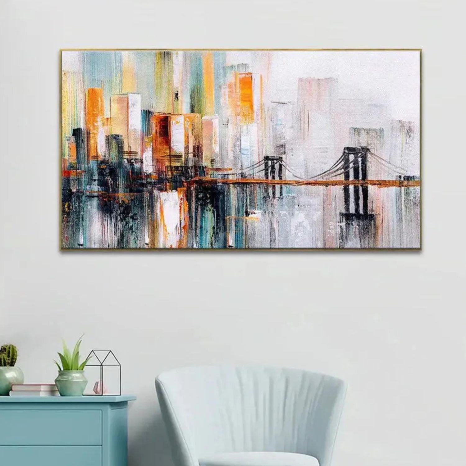 Elegant Abstract Golden Bridge Cityscape Canvas Art For Decor
