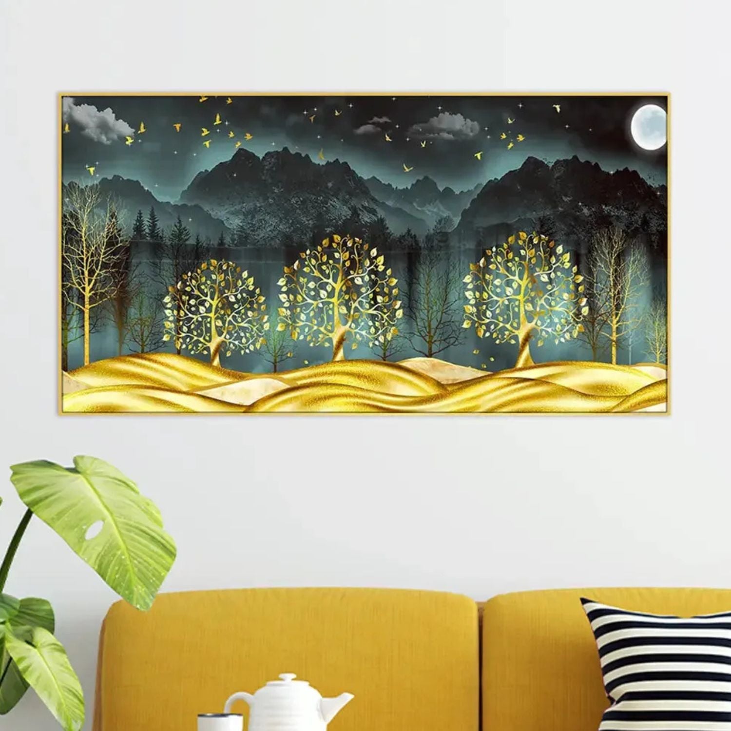 Golden Trees Under Moonlit Mountains Scenic Canvas Wall Art