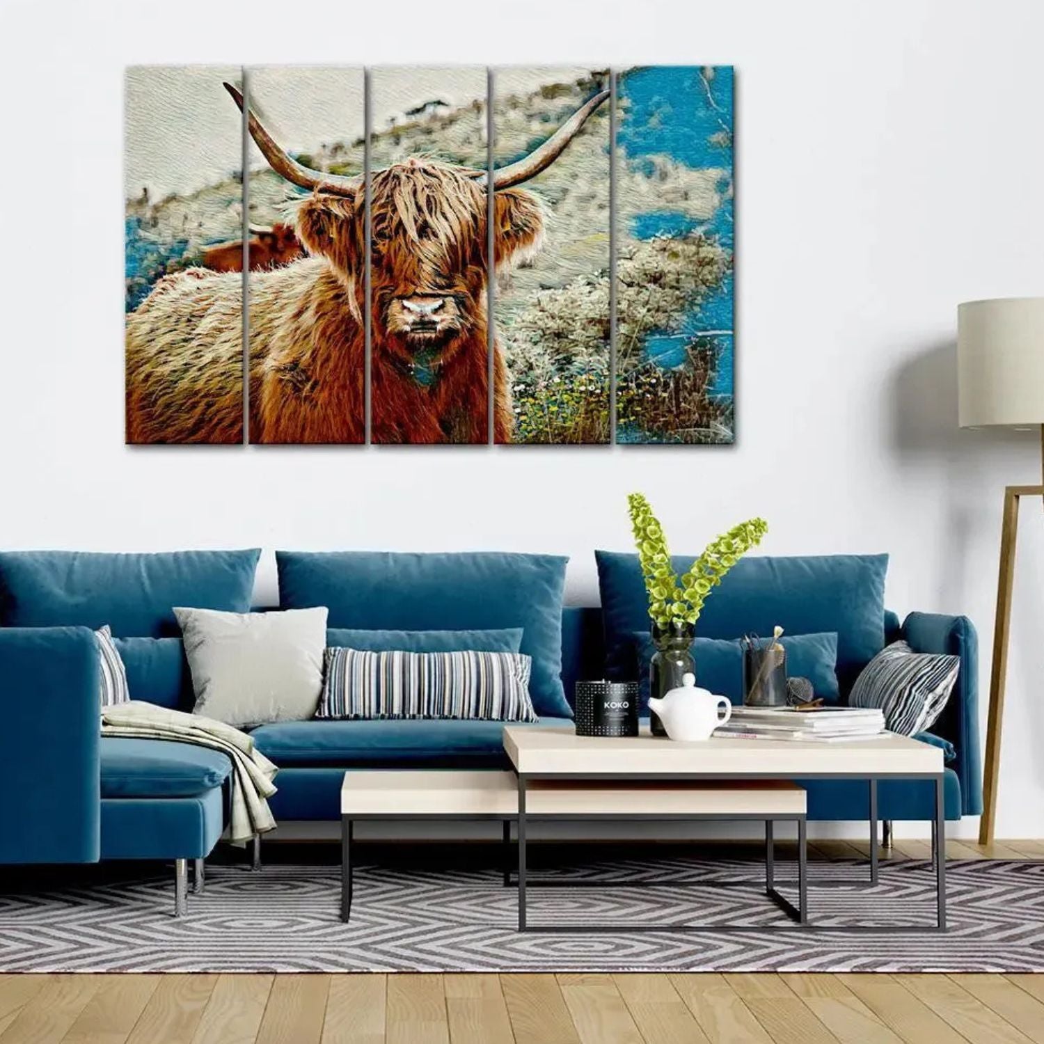 Abstract Hairy Bull Rustic Landscape Multi Panel Canvas Wall Art