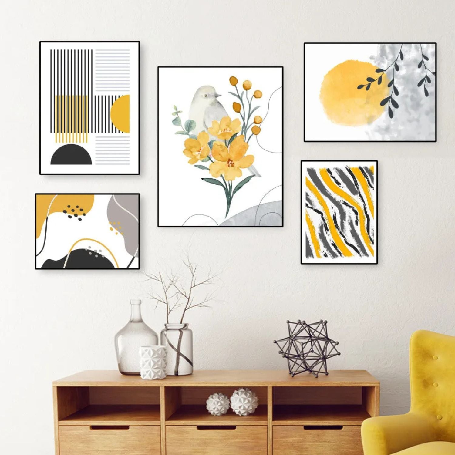 Modern Nature Inspired Abstract Wall Art Set With Bird and Flowers