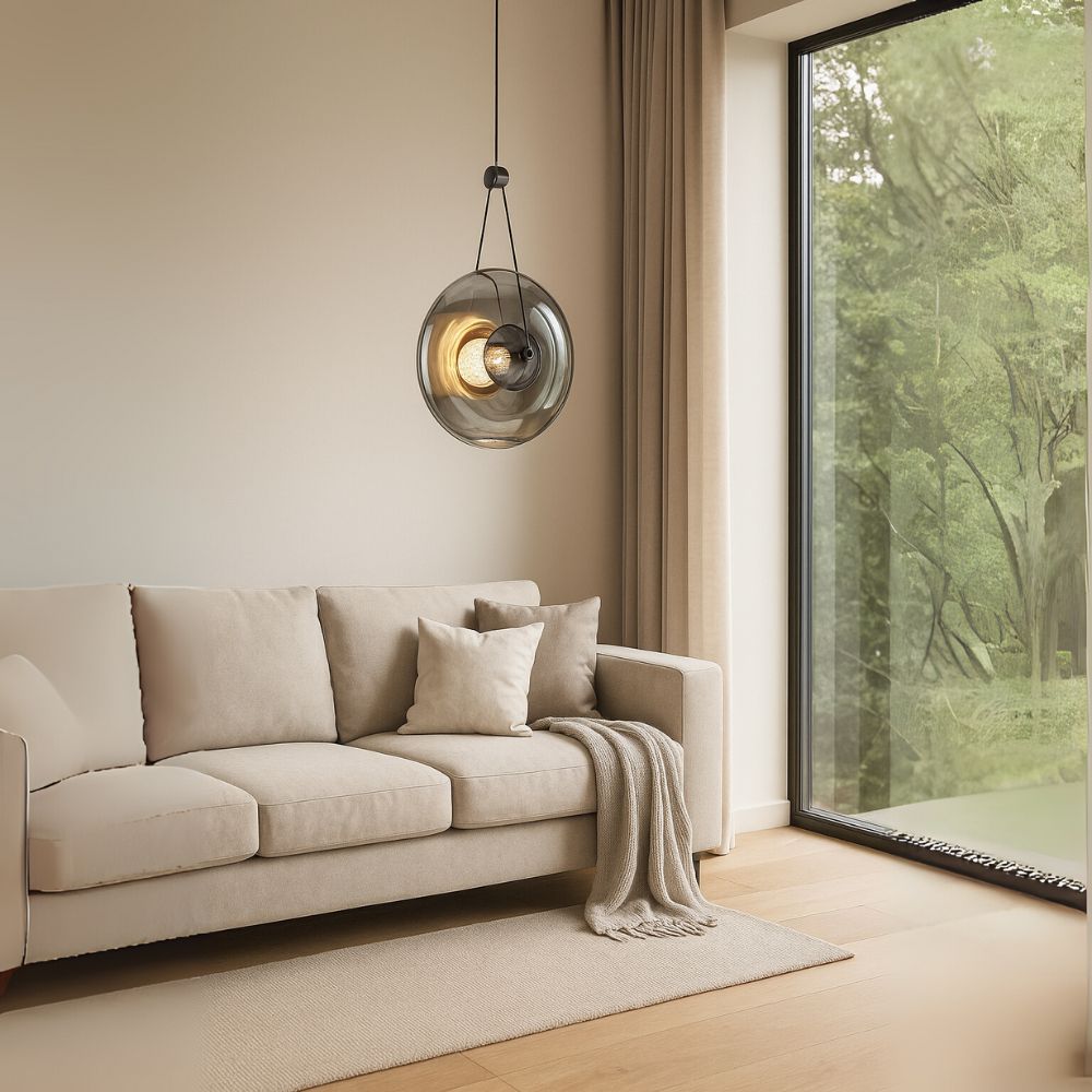 Modern Pearl Black Pendant Light With Smoke Grey and Amber Glass Globe