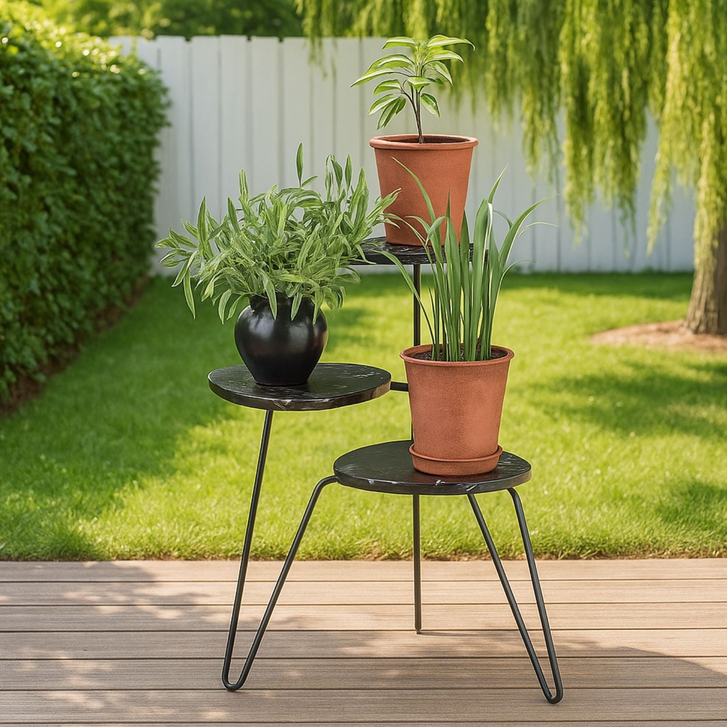 Elegant Three-Tier Black Metal Plant Stand For Indoor And Outdoor Decor