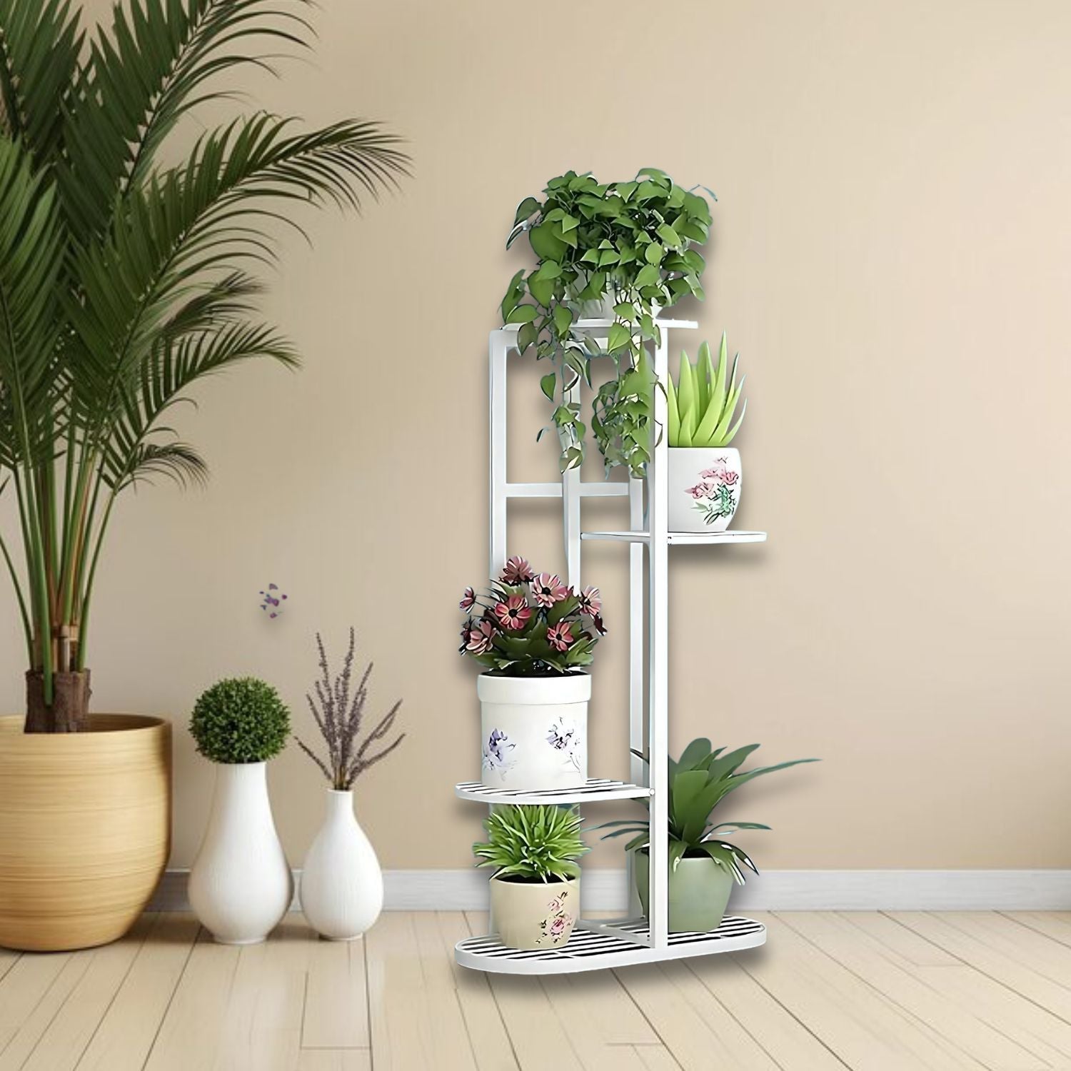 Modern 4 Tier Step-Style Metal Plant Stand For Indoor Outdoor Display