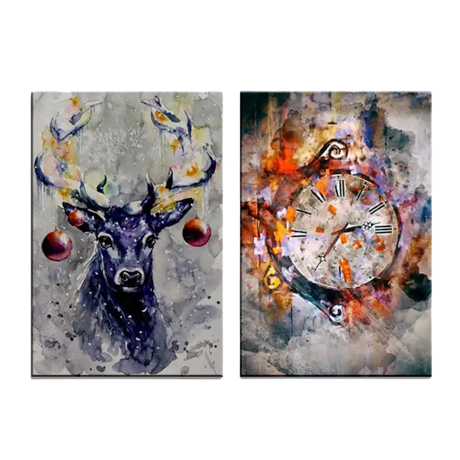 Vibrant Deer and Clock Abstract Wall Art Set on Canvas Frame