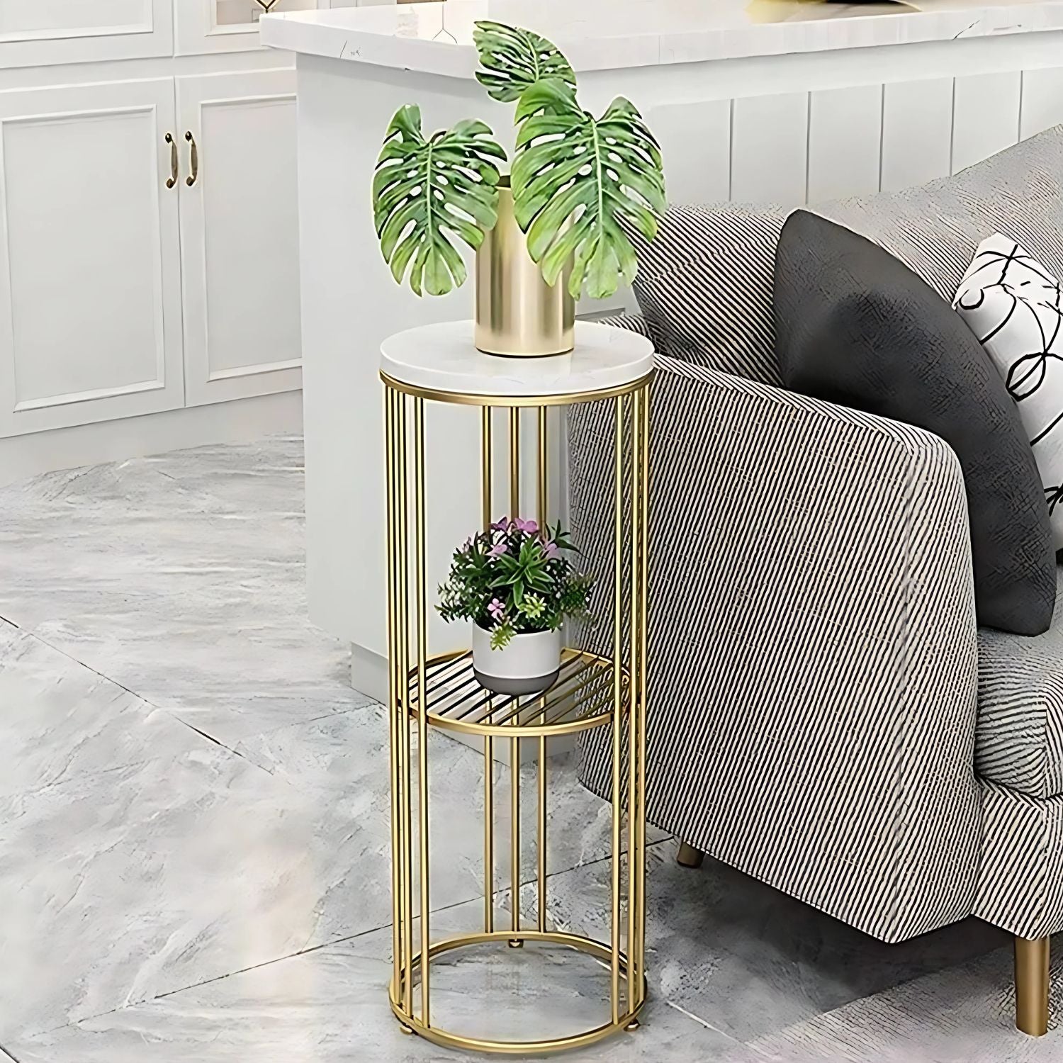 Elegant Two-Tier Gold Metal Plant Stand With Marble Top For Home Decor