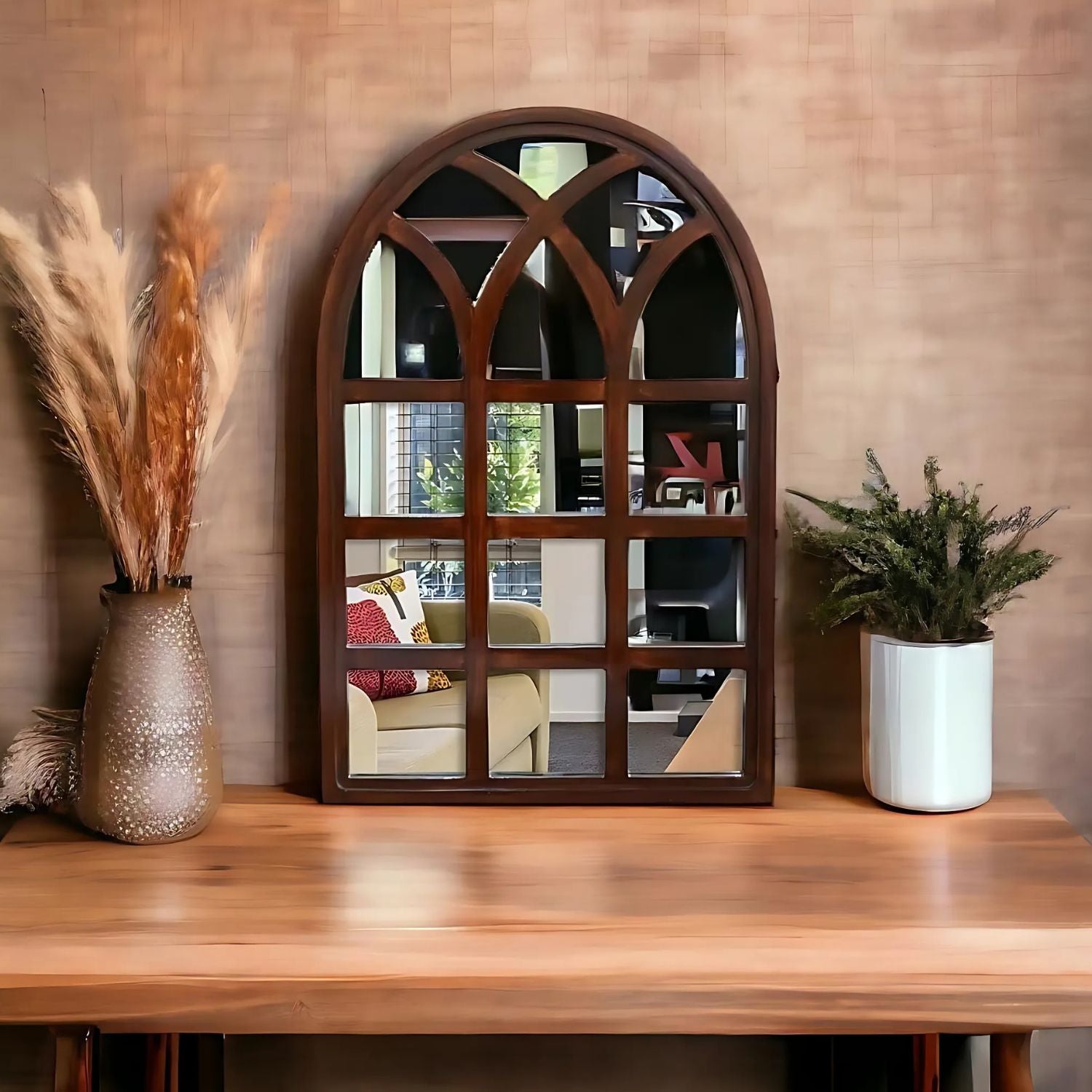 Arched Wooden Wall Mirror - Classic Decorative Accent For Home Interiors