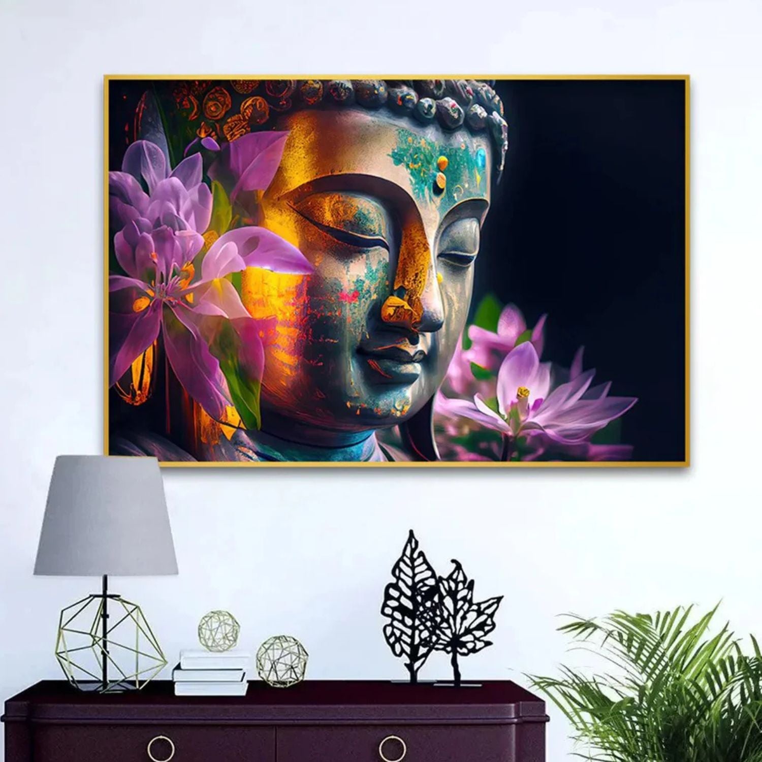 Serene Buddha Portrait With Blossoming Flowers Canvas Wall Art