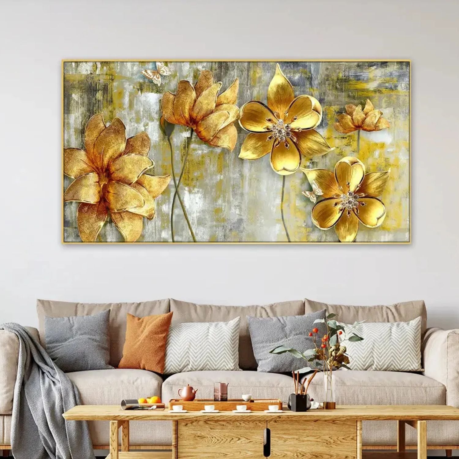 Elegant Golden Floral Canvas Wall Art With Abstract Charm