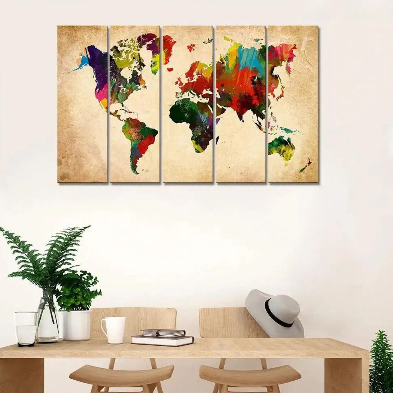 Elegant Colorful World Map Canvas Wall Art With Wooden Panels