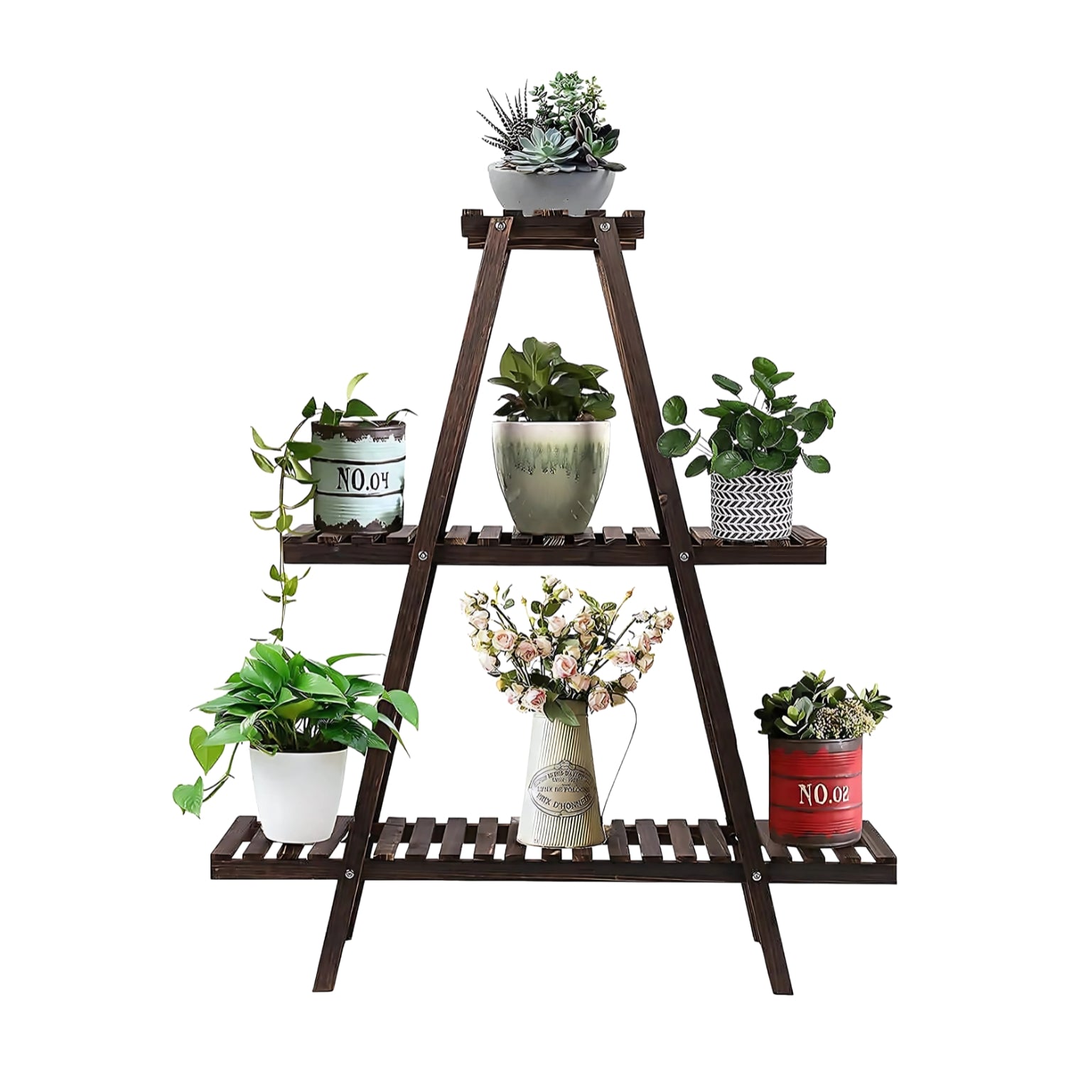 Elegant Wooden Triangular Multi-Tier Plant Stand For Indoor Outdoor Display
