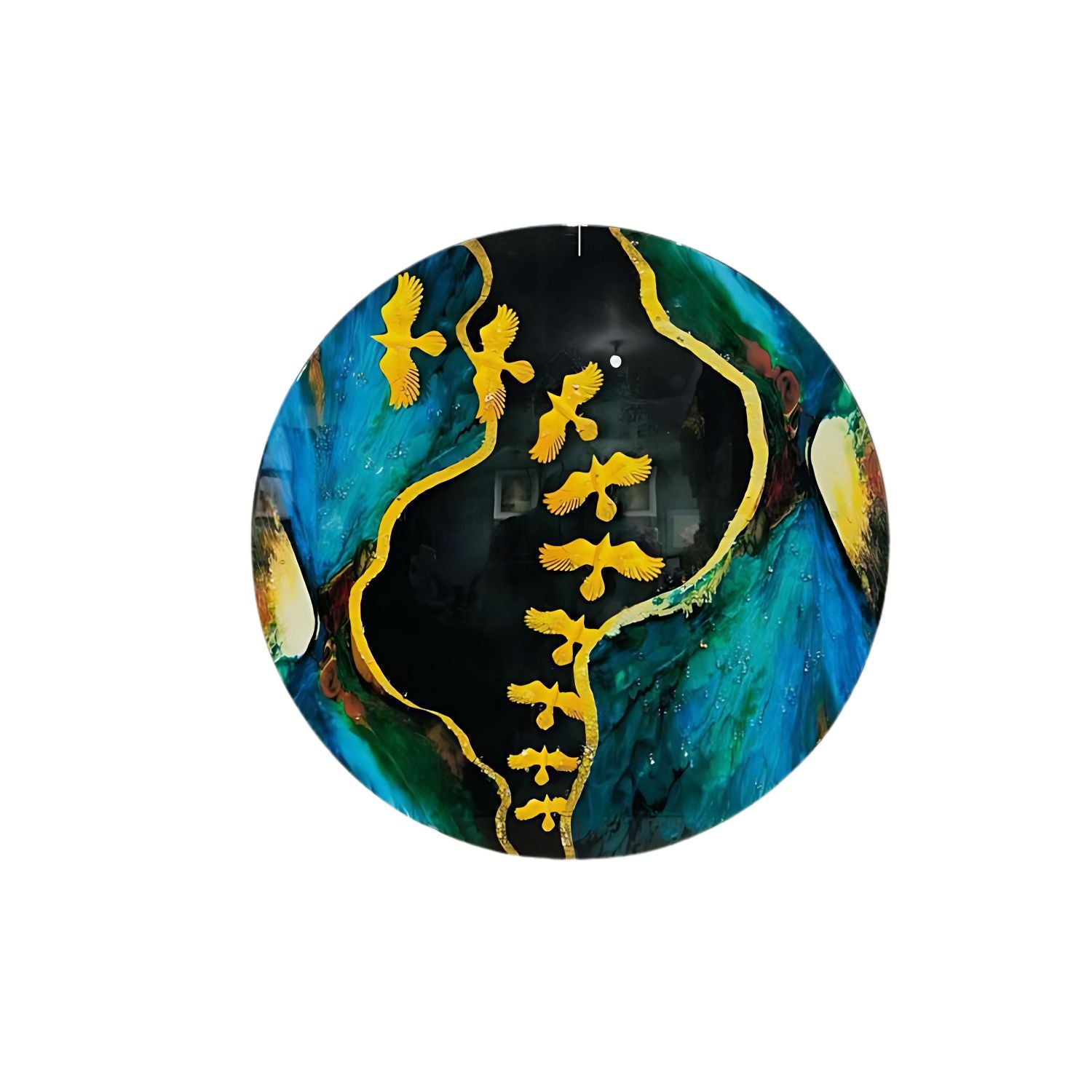 Abstract Round Wall Art With Golden Birds and Blue Tones