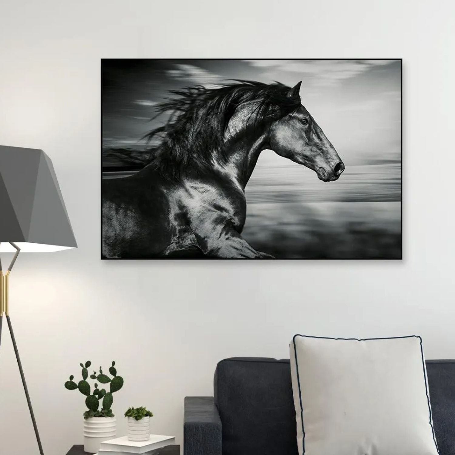 Black Stallion Running Wall Art With Bold Monochrome Canvas Print