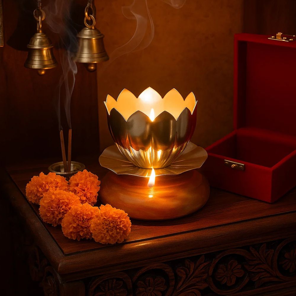 Elegant Silver Plated Shanti Deep With Lotus Design For Puja