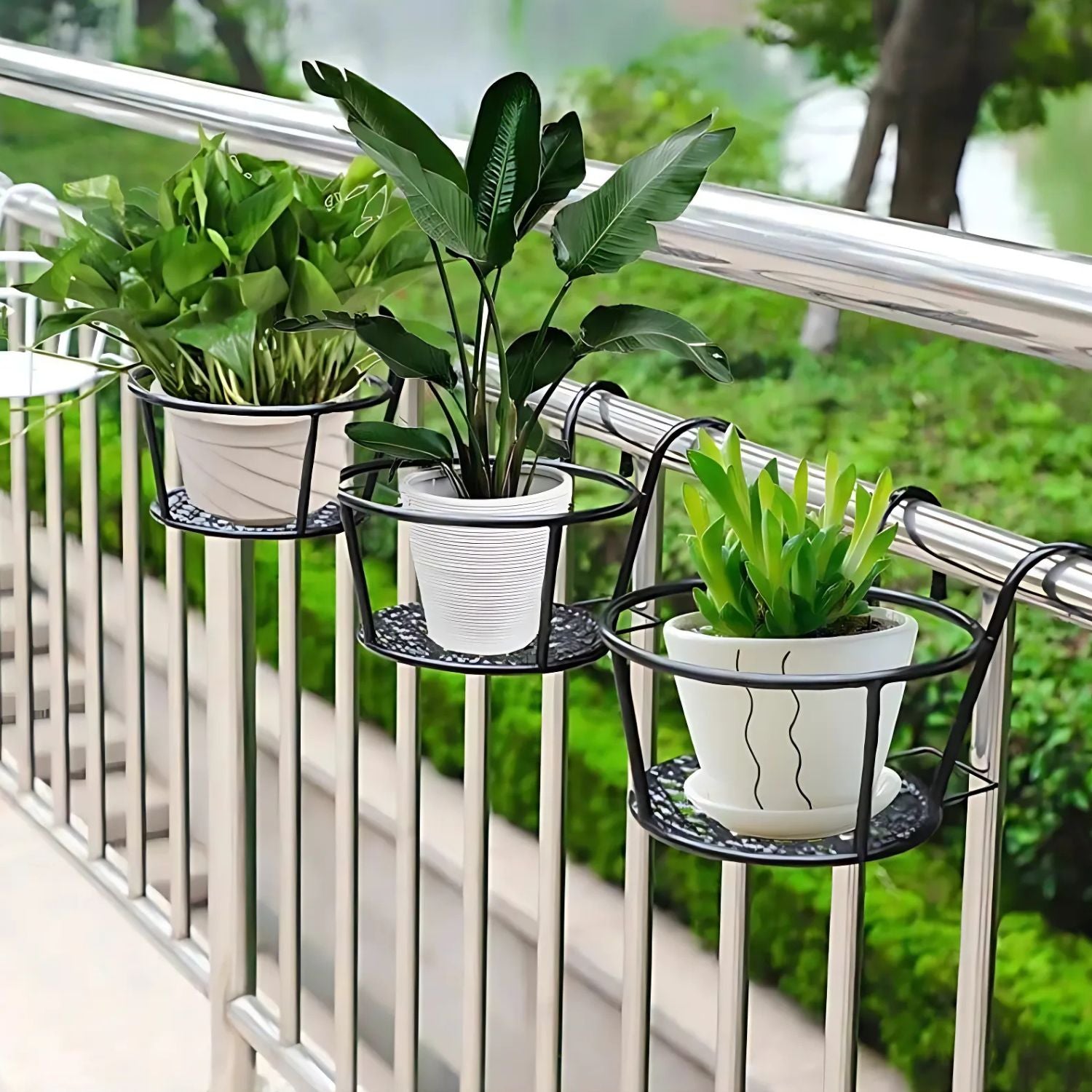 Handcrafted Metal Balcony Railing Plant Stand - Round Pot Holder for Outdoor Decor (Set of 3)
