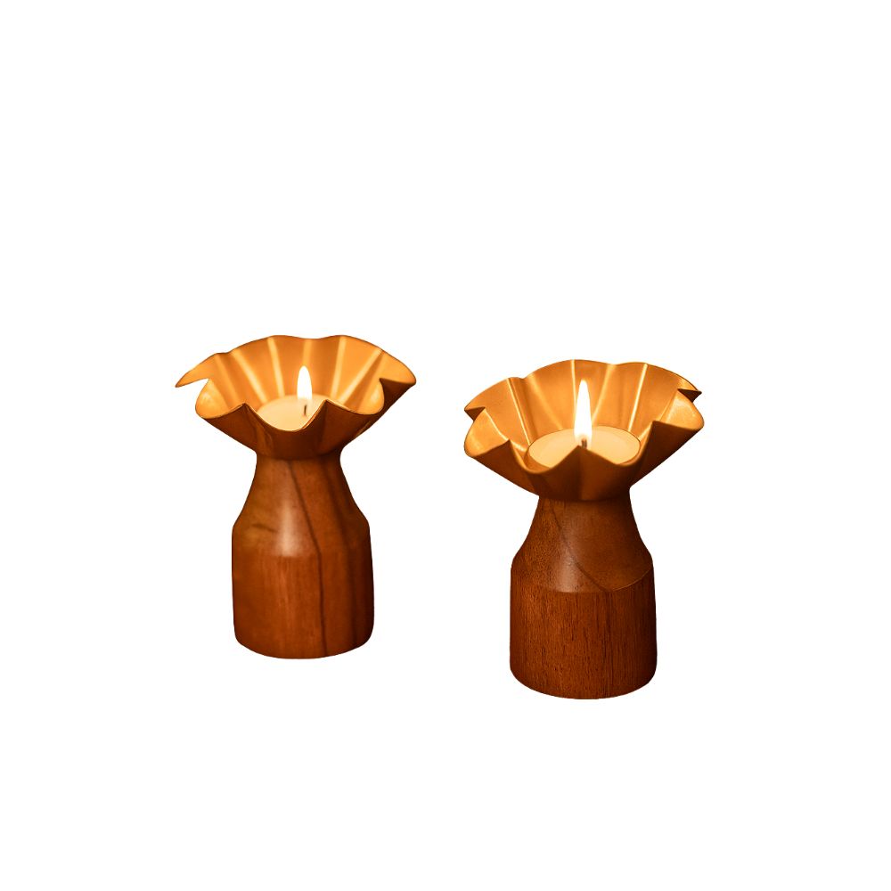 Rustic Bloom Wooden Tealight Holders With Golden Flower Design - Set of 2