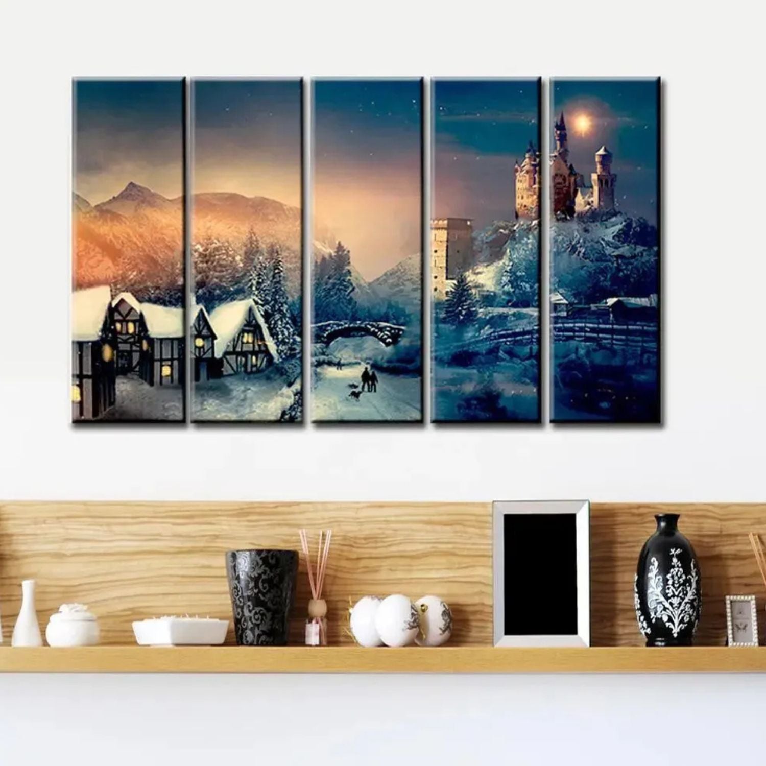 Enchanted Winter Village 5-Panel Wall Art - Christmas Castle Canvas With Wooden Frame
