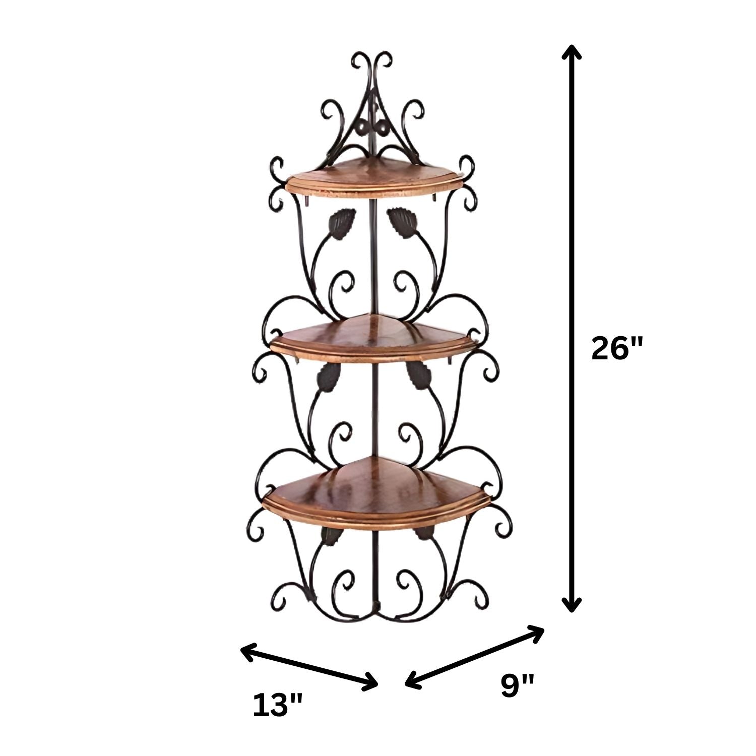 Wall Hanging Wooden & Metal Corner Shelf - 3-Tier Decorative Storage