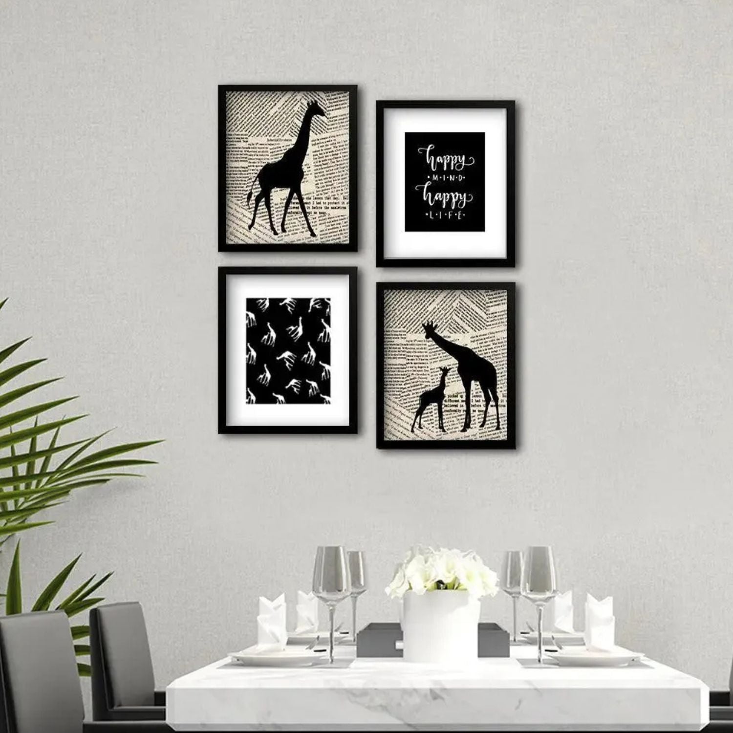 Inspirational Giraffe Silhouette Wall Art Set Featuring Happy Mind & Happy Life