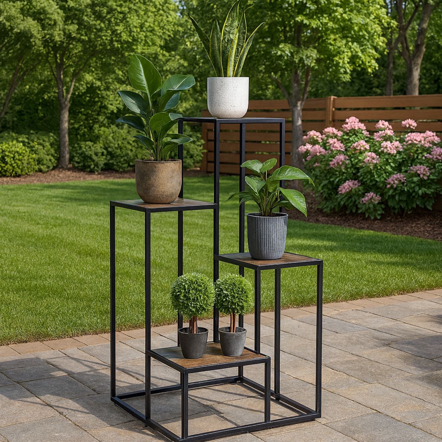 Square Multi-Tiered Metal Plant Stand - Modern Indoor & Outdoor Display