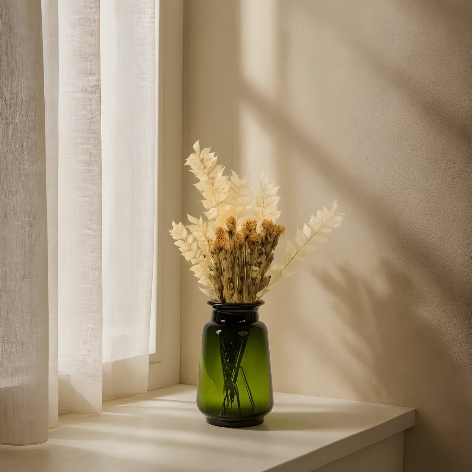 Elegant Emerald Glass Vase With Premium Decorative Dried Floral Bunch