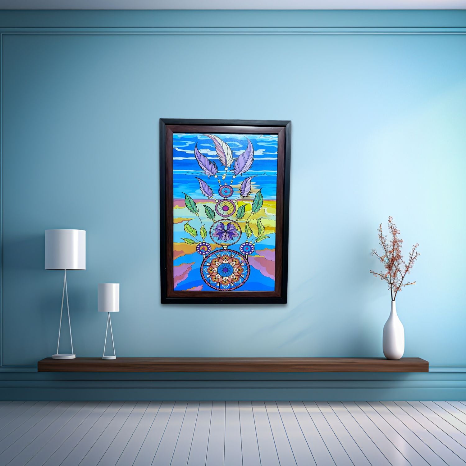 Colorful Dreamcatcher With Feathers And Mandala Abstract Wall Decor