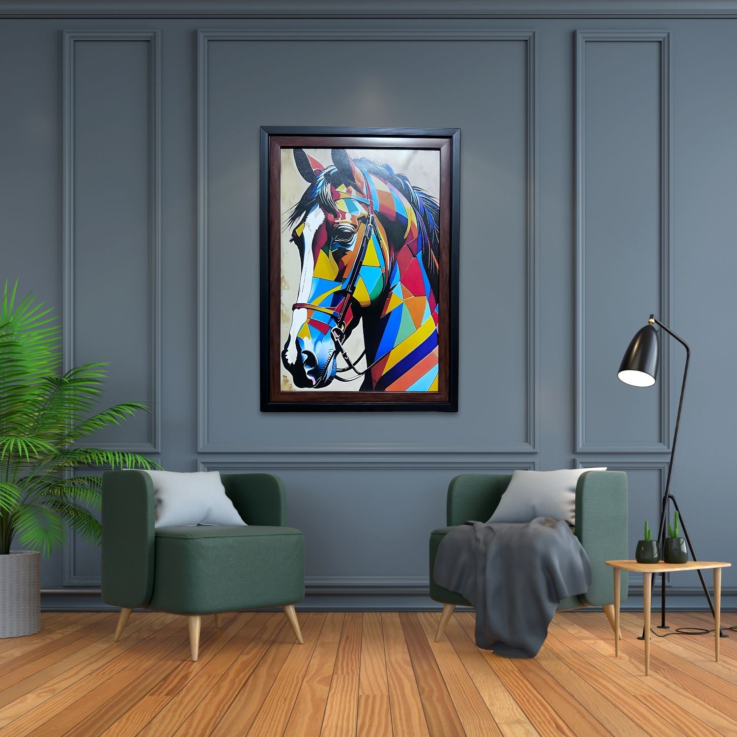 Vibrant Geometric Horse Painting With Frame - Colorful Modern Wall Art