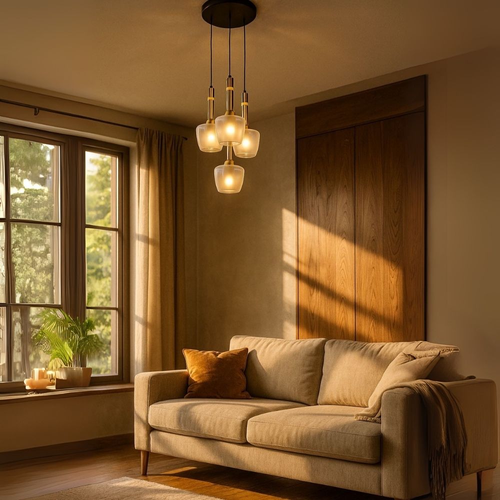 Luxury Amber/Smoke Grey Glass Pendant Light - Black Antique Gold 4-Light Chandelier